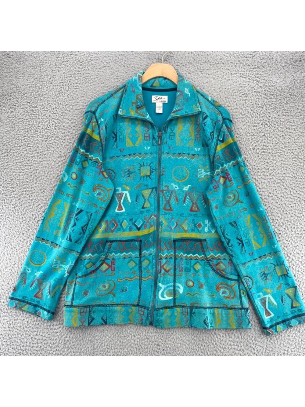 Chicos Sweater Womens S Spa Turquoise Tribal Southwestern Cotton Full Zip Pocket